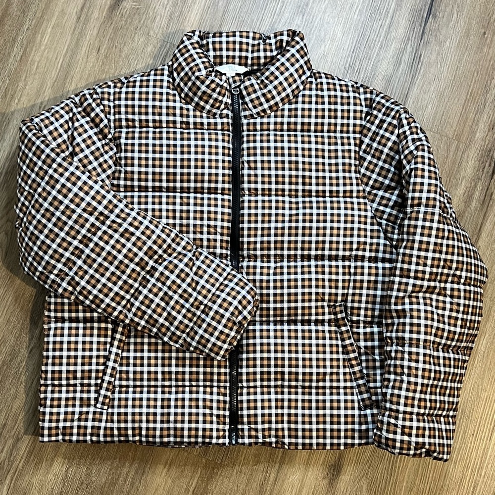 Time and Tru Women’s Puffer Jacket Plaid Brown Black White Checkered Coat